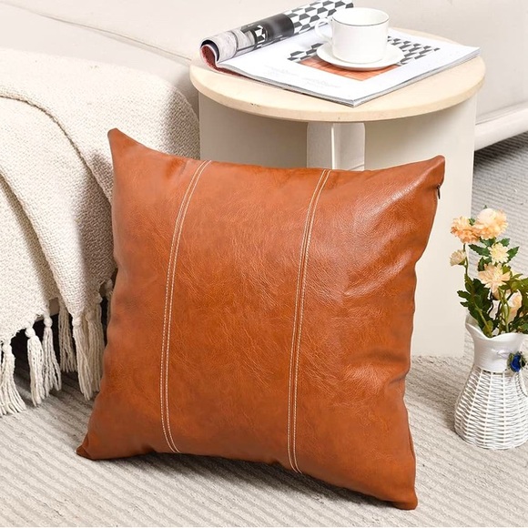 Fancy Homi Boho Brown Faux Leather Throw Pillow Set 2 Pack - Picture 2 of 6